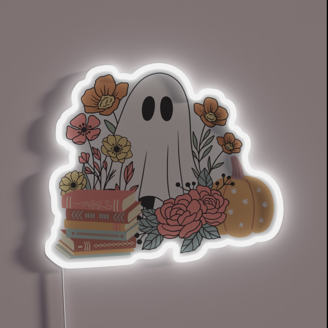 Ghost With Books And Flowers RGB Neon Sign Ghost With Books And Flowers RGB Neon Sign