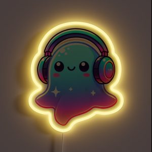 Ghostly Grooves Cute Ghost With Headphones Halloween Design RGB Neon Sign