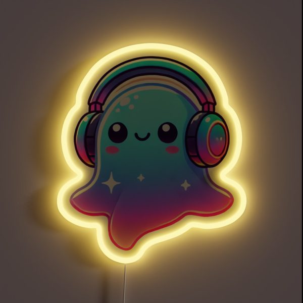Ghostly Grooves Cute Ghost With Headphones RGB Neon Sign