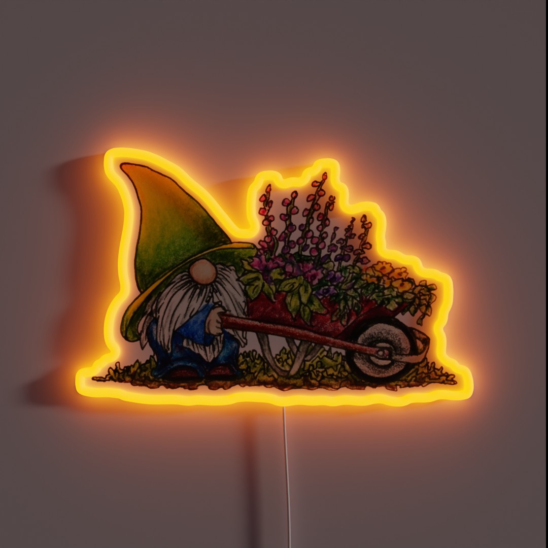 Gnome With Wheelbarrow Of Flowers RGB Neon Sign Gnome With Wheelbarrow Of Flowers RGB Neon Sign