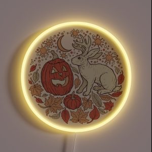 Halloween Friends Jackalope And Jack O Lantern Autumn Art RGB Neon Sign