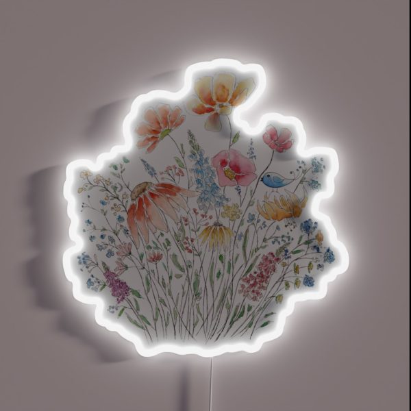 Hand Painted Wild Flower Bouquet And Blue RGB Neon Sign