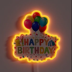 Happy Birthday With Balloons And Gift Box RGB Neon Sign