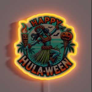 Happy Hulaween Spooky Halloween Island Zombie Hula Dancer RGB Neon Sign