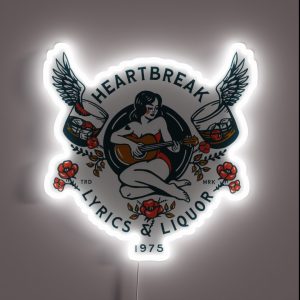 Heartbreak Lyrics And Liquor 1975 Cool Retro Whiskey Pinup Girl Playing Guitar RGB Neon Sign