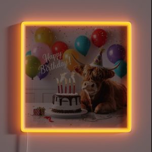 Highland Cow Birthday Bash RGB Neon Sign