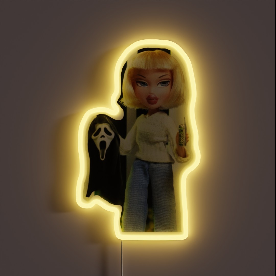 Horror Themed Bratz Doll Holding Scream Mask RGB Neon Sign Horror Themed Bratz Doll Holding Scream Mask RGB Neon Sign