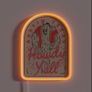 HOWDY YALL Austin Texas Vintage Rope Text Green Cactus Smiling Prick And Retro Red Sun Tan Sand Background RGB Neon Sign