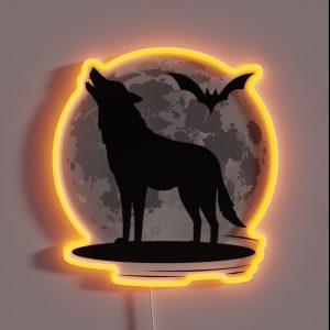 Howling Wolf And Bat At Full Moon RGB Neon Sign