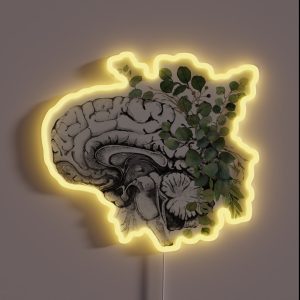 Human Brain Illustration With Eucaliptus Leaves Brain Art Psychology Vintage Style RGB Neon Sign Human Brain Illustration With Eucaliptus Leaves Brain Art Psychology Vintage Style RGB Neon Sign