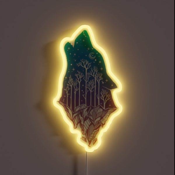 Lone Wolf Howling At The Moon In A Forest On RGB Neon Sign