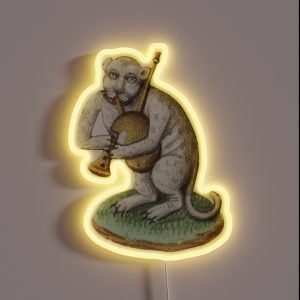 Medieval White Cat Leopard Animal Creature Playing Music Middle Ages Art RGB Neon Sign