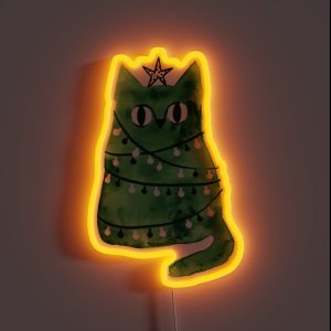 Merry Christmas And Happy New Year Tree Kitty Cat With Star And Garland Decoration RGB Neon Sign