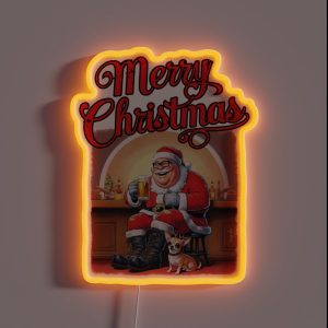 Merry Christmas Santa Drinking A Beer With Chihuahua Reindeer RGB Neon Sign