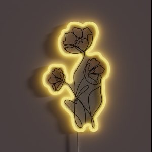 Minimalist Single Line Drawing Of Three Poppies RGB Neon Sign