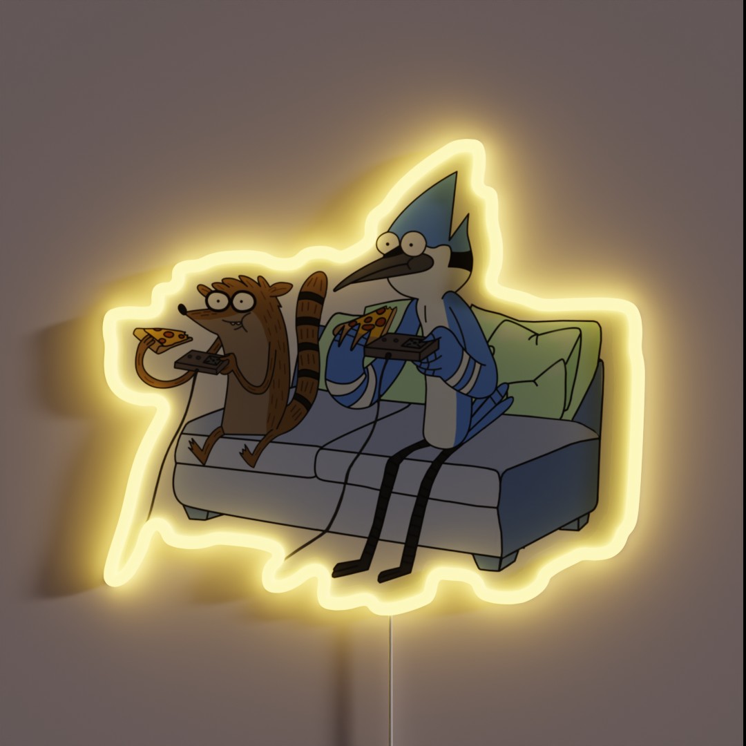 Mordecai And Rigby Pizza And Video Games RGB Neon Sign Mordecai And Rigby Pizza And Video Games RGB Neon Sign