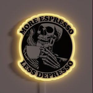More Espresso Less Depresso Skeleton Drinking Coffee Black RGB Neon Sign More Espresso Less Depresso Skeleton Drinking Coffee Black RGB Neon Sign