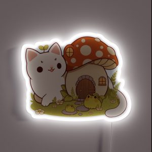 Mushroom House With Cat And Frog Friends RGB Neon Sign