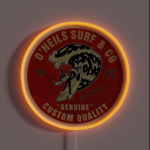 ONEILS Surf And Co Vintage Style 1950 S Surfing Dawg Longboard Logo California RGB Neon Sign ONEILS Surf And Co Vintage Style 1950 S Surfing Dawg Longboard Logo California RGB Neon Sign