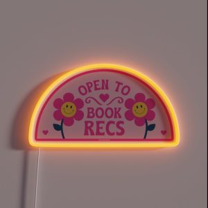 Open To Book Recs Retro Groovy Flowers Daisy Daisies Aesthetic Bookish For Kindle Reading Girl Tbr RGB Neon Sign