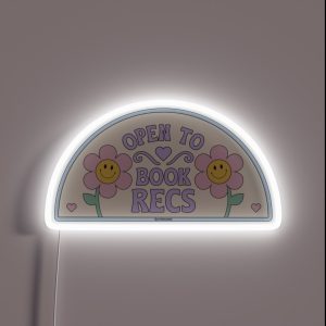 Open To Book Recs Retro Groovy Flowers Daisy Daisies Aesthetic Bookish Purple Pink For Kindle Reading Girl Tbr RGB Neon Sign