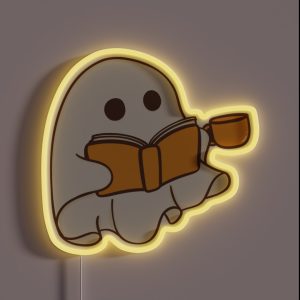 Orange Sheet Ghost With Book And Coffee Mug RGB Neon Sign