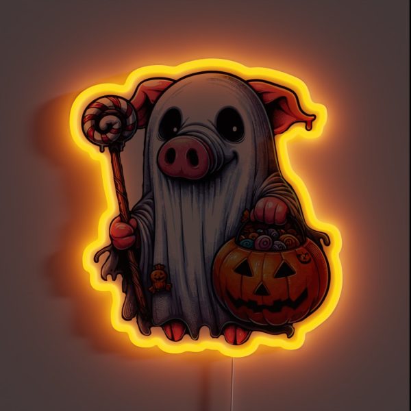 Pig Scary Halloween Ghost Spooky Pumpkin Candy RGB Neon Sign
