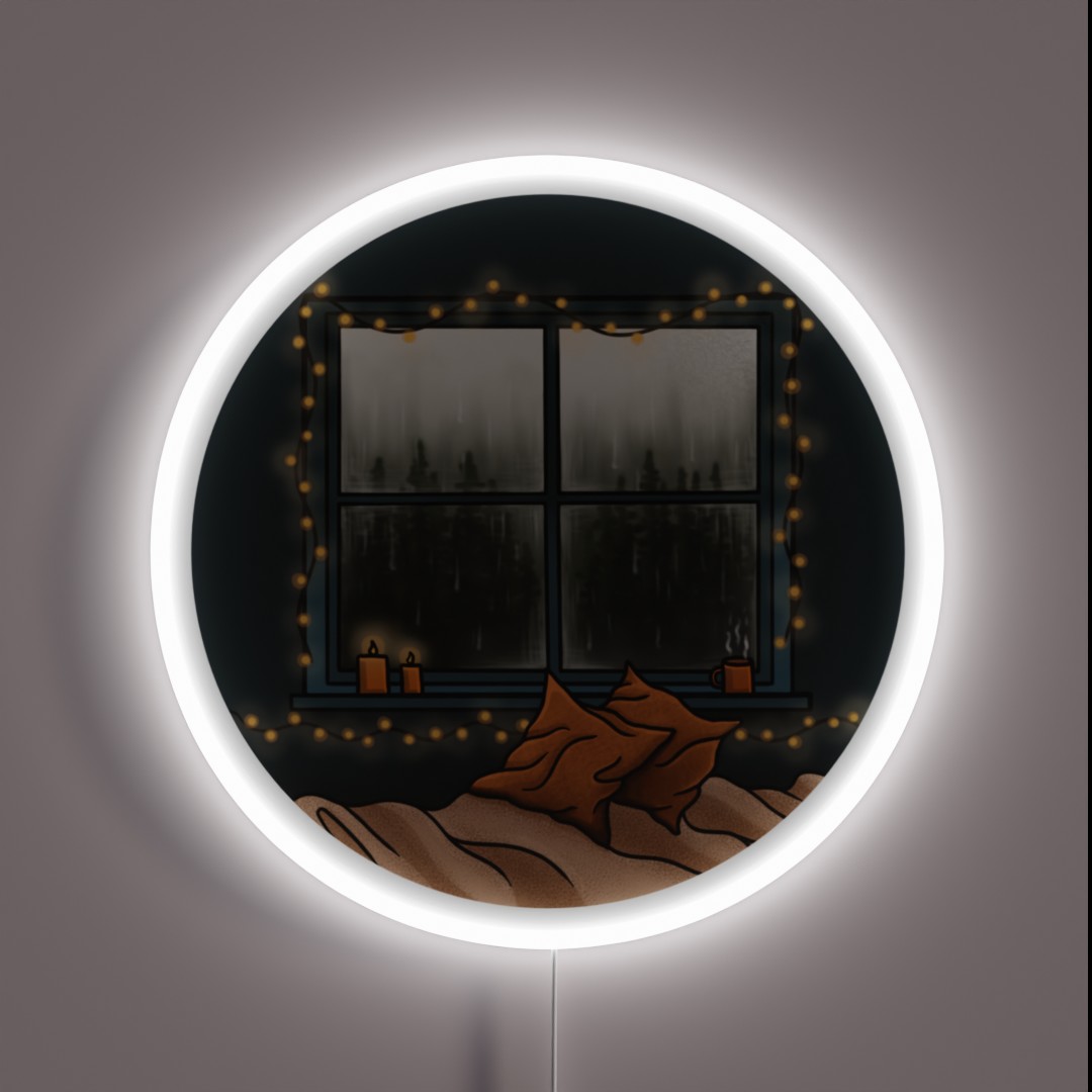 Rainy Day With Fairy Lights Cosy Autumn Scene RGB Neon Sign Rainy Day With Fairy Lights Cosy Autumn Scene RGB Neon Sign