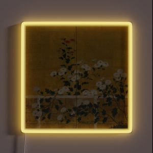 Red And White Chrysanthemums Vintage Japanese Gold Leaf Screen Print RGB Neon Sign Red And White Chrysanthemums Vintage Japanese Gold Leaf Screen Print RGB Neon Sign