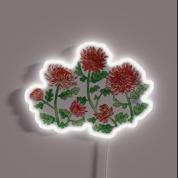 Red Chrysanthemum Watercolor And Pen Pattern RGB Neon Sign