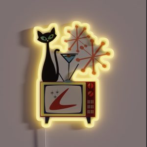 Retro Kitty Sitting On A Vintage Telly With His Cocktail RGB Neon Sign