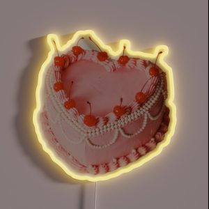 Retro Vintage Pink Heart Cake With Cherries Coquette Aesthetic RGB Neon Sign
