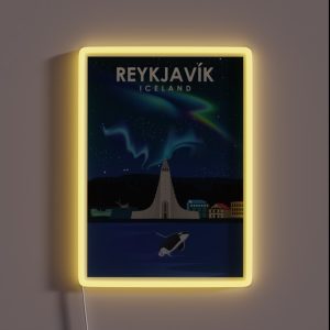 Reykjavik Iceland Northern Lights Travel Poster RGB Neon Sign