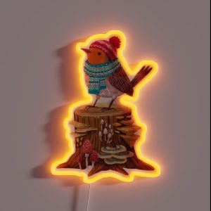 Robin Bird In A Cozy Winter Scarf And Hat RGB Neon Sign