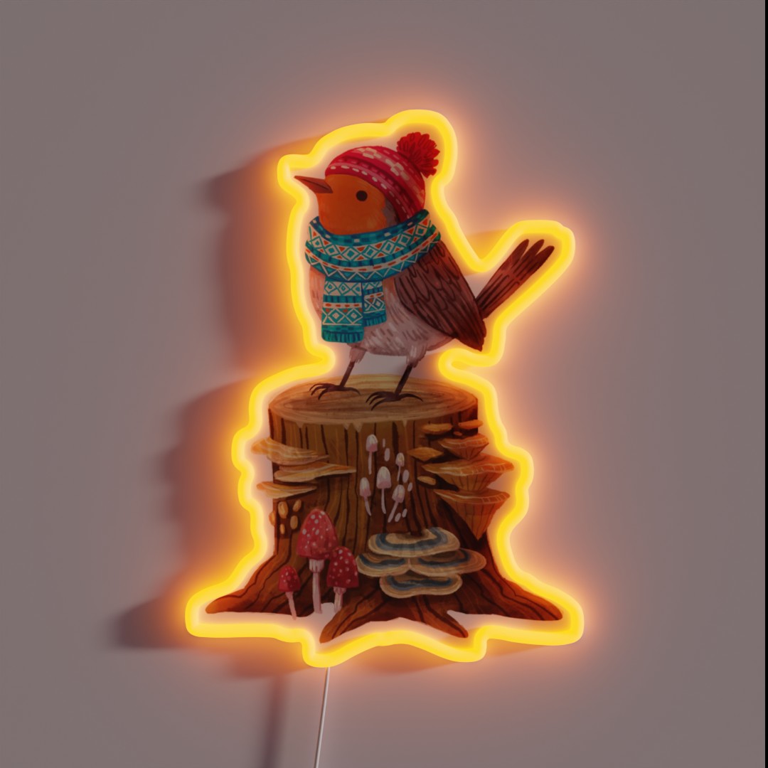 Robin Bird In A Cozy Winter Scarf And Hat RGB Neon Sign Robin Bird In A Cozy Winter Scarf And Hat RGB Neon Sign