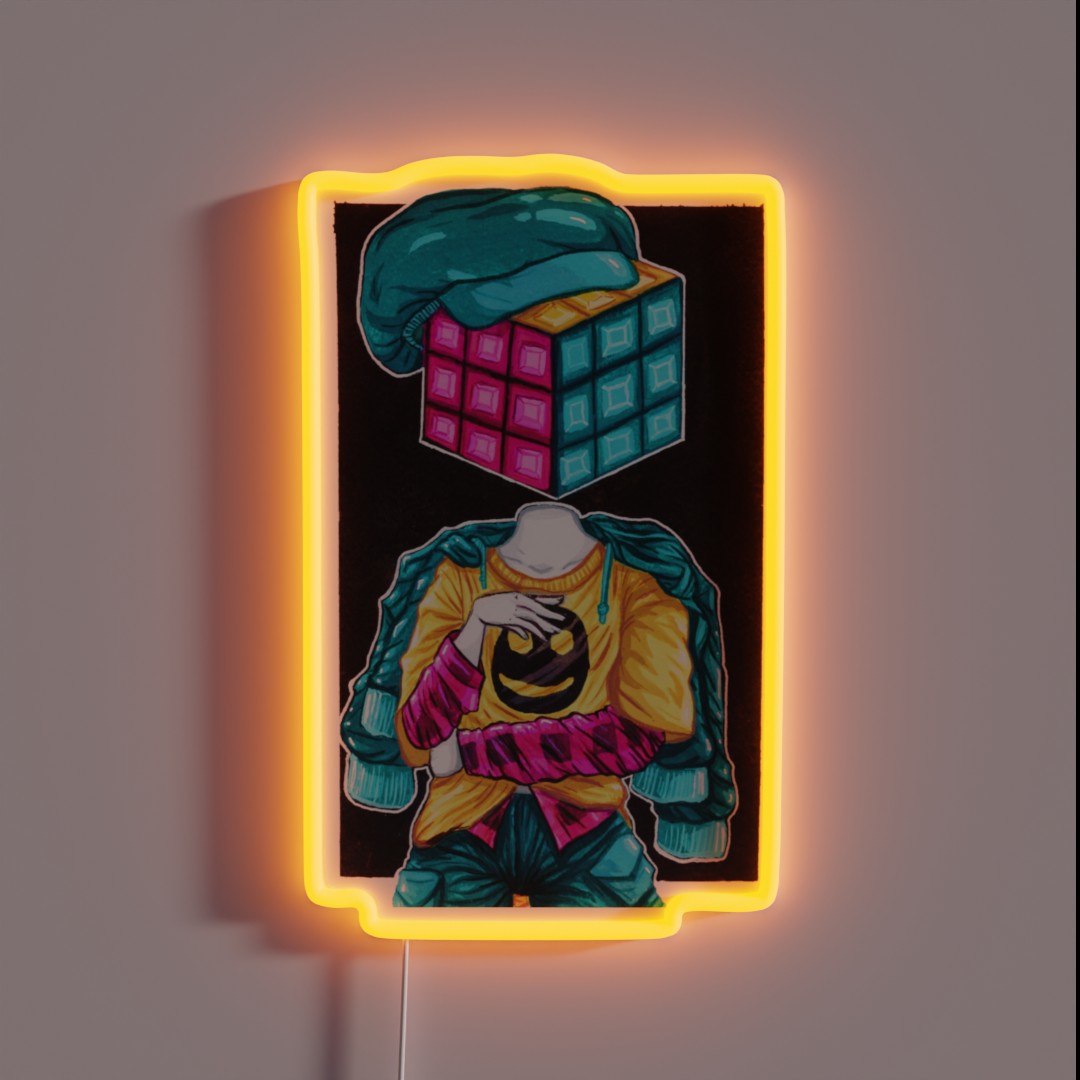 Rubiks Cube Head Gouache Painting RGB Neon Sign Rubiks Cube Head Gouache Painting RGB Neon Sign