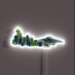 Seattle Skyline With Space Needle Mt Rainier And Orca In Colorful Green And Blue Geometric Shapes RGB Neon Sign Seattle Skyline With Space Needle Mt Rainier And Orca In Colorful Green And Blue Geometric Shapes RGB Neon Sign
