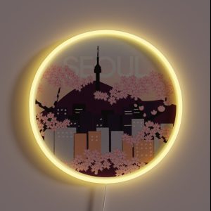 Seoul Tower With Woodblock Style Cherry Blossoms South Korea RGB Neon Sign