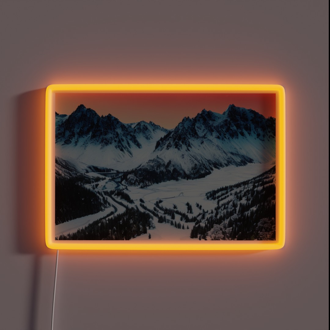 Snowy Mountain Range At Sunset In A Beautiful RGB Neon Sign Snowy Mountain Range At Sunset In A Beautiful RGB Neon Sign