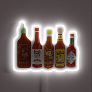 Spicy Check Out These Hot Sauces On Black Background RGB Neon Sign