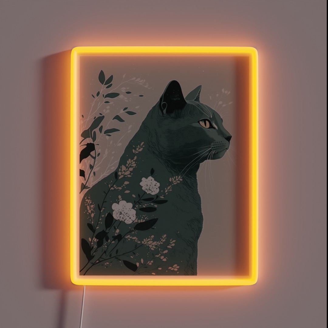 Stylish Gray Cat Teal Floral RGB Neon Sign Stylish Gray Cat Teal Floral RGB Neon Sign