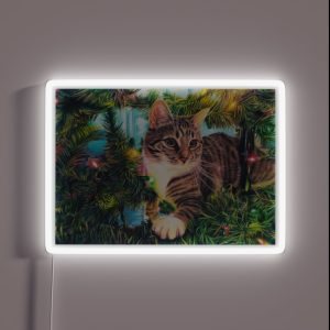 Tabby Cat Sitting In A Christmas Tree With Colourful Lights Fine Art Drawing RGB Neon Sign