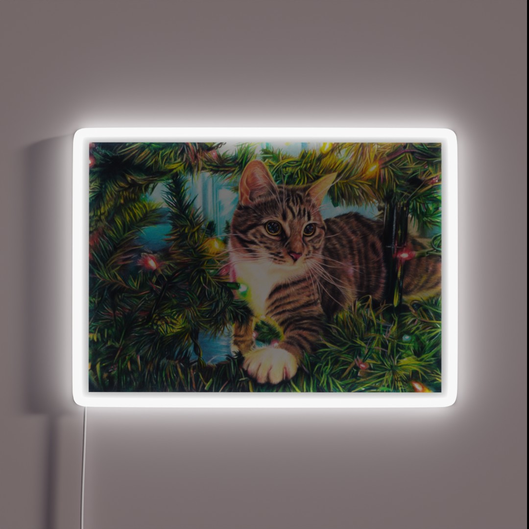 Tabby Cat Sitting In A Christmas Tree With RGB Neon Sign Tabby Cat Sitting In A Christmas Tree With RGB Neon Sign
