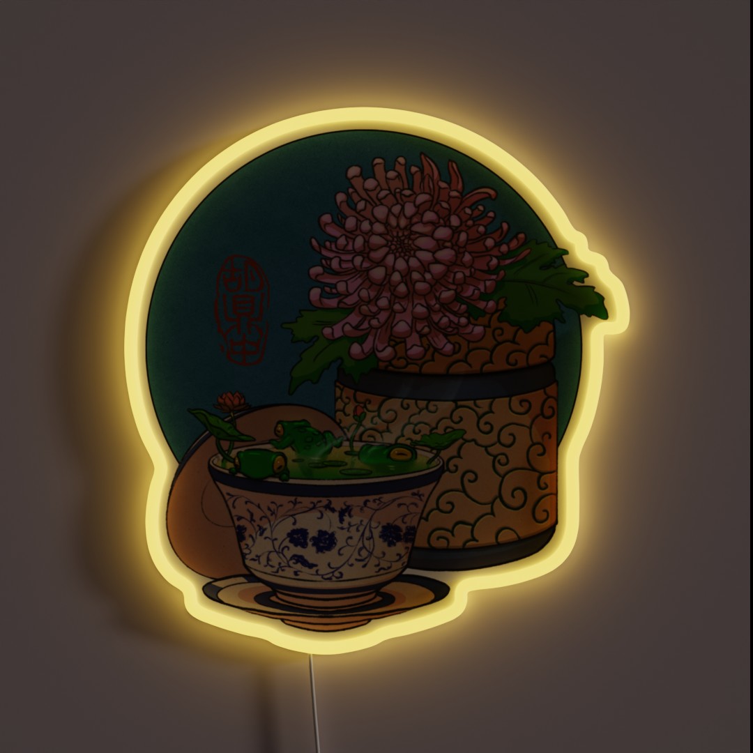 Tea Cup Chrysanthemum Flower Frog Blue Bg RGB Neon Sign Tea Cup Chrysanthemum Flower Frog Blue Bg RGB Neon Sign
