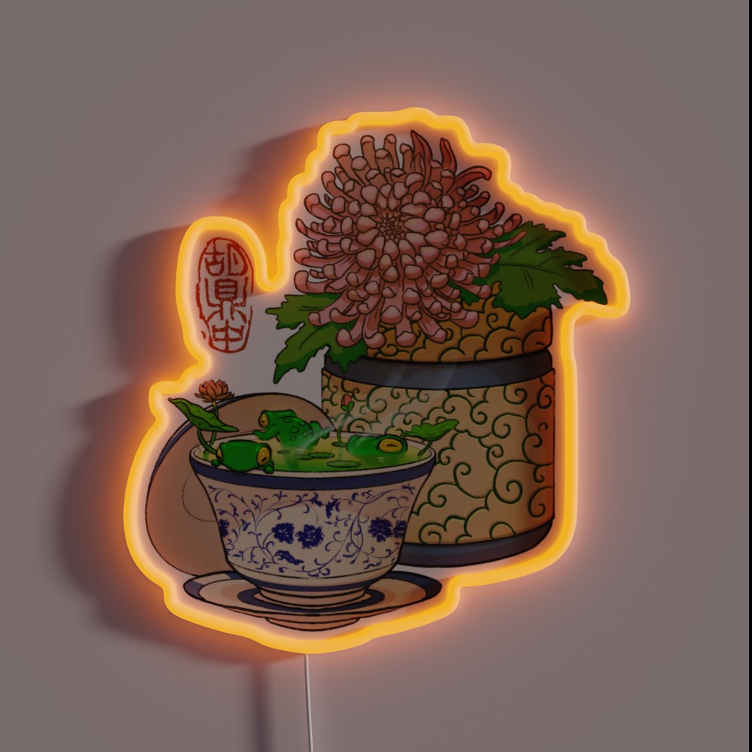 Tea Cup Chrysanthemum Flower Frog No Bg RGB Neon Sign Tea Cup Chrysanthemum Flower Frog No Bg RGB Neon Sign