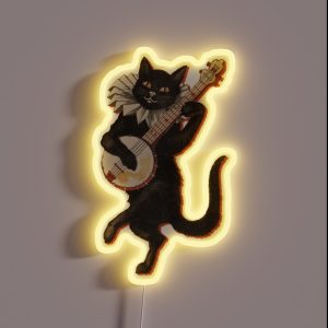 The Black Cat Vintage Illustration Of Cat Dancing And Playing The Banjo 1896 RGB Neon Sign The Black Cat Vintage Illustration Of Cat Dancing And Playing The Banjo 1896 RGB Neon Sign