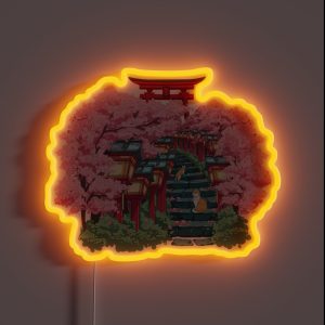 The Japanese Shrine Cats And Pink Sakura Blossom RGB Neon Sign