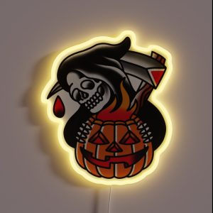 Traditional Reaper With Pumpking Tattoo Piece RGB Neon Sign