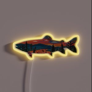 Trout Silhouette Fly Fishing Mountain Sunset River Stream Art RGB Neon Sign