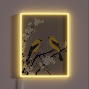 Two American Goldfinch On A White Apricot Branch RGB Neon Sign Two American Goldfinch On A White Apricot Branch RGB Neon Sign